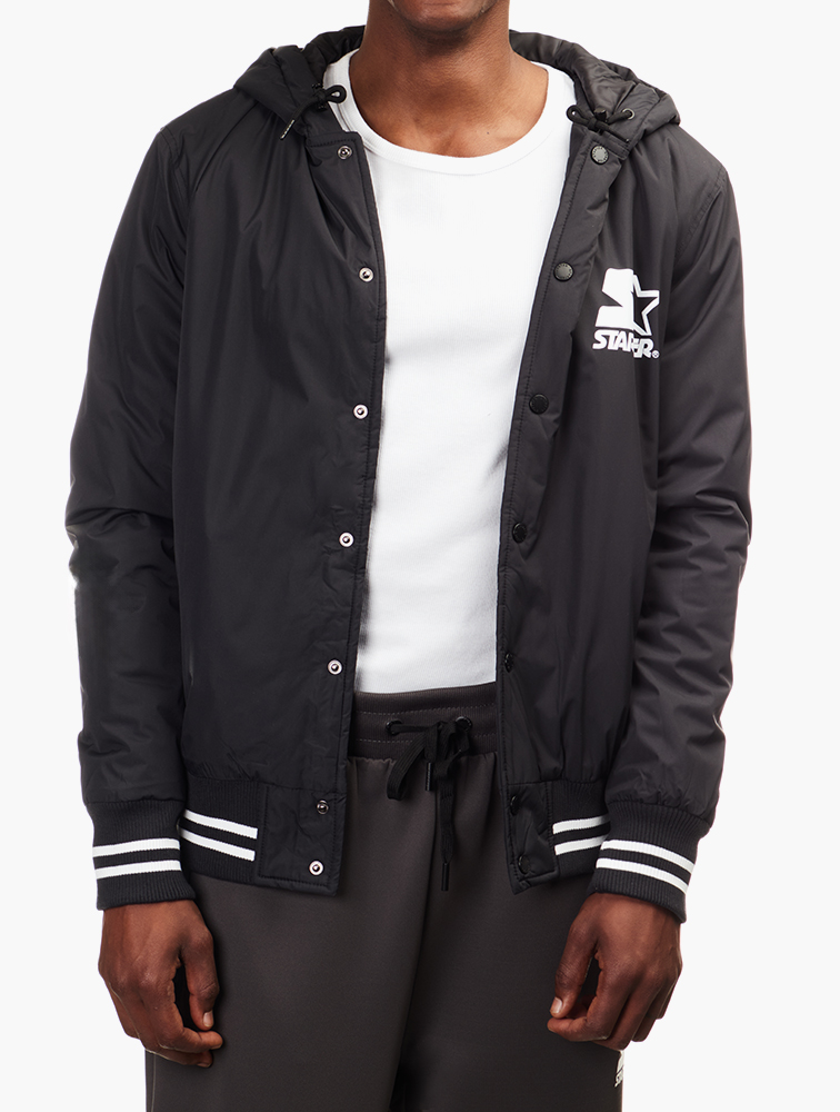 MyRunway | Shop Starter Black Baseball Athletic Hooded Jacket for